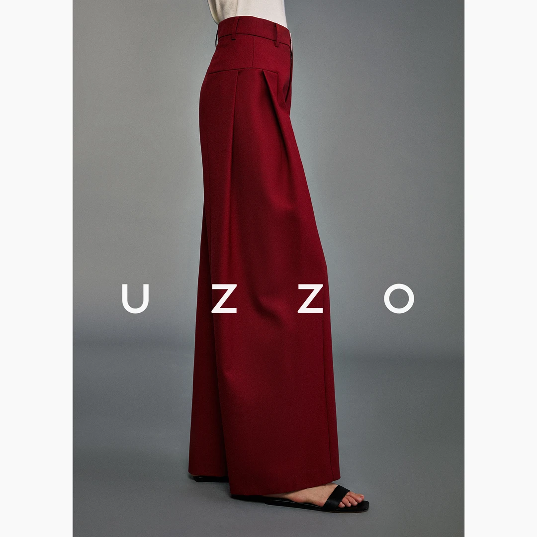 UZZOROW风D染时装感高腰侧双褶 勃肯红精纺羊毛阔腿西装裤女