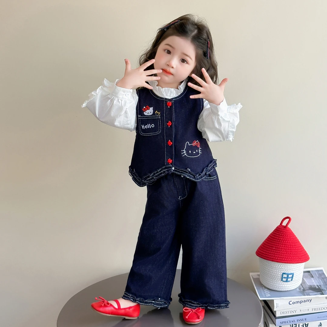 女童秋装套装2025新款小女孩洋气甜美潮衣女宝宝秋季牛仔裤三件套