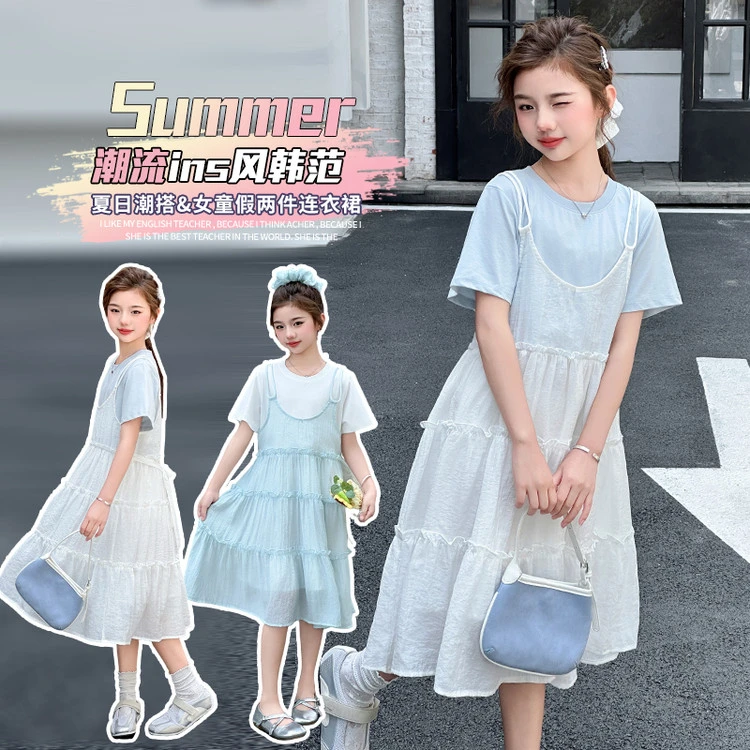假两件中长款夏季女拼色T裙连衣裙长款纱裙裙子夏日韩系小清新