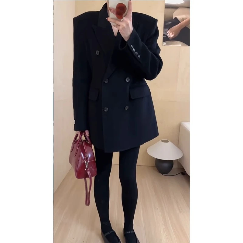 黑色西装毛呢外套女秋冬新款高级感时髦气质小香风中长款呢子大衣