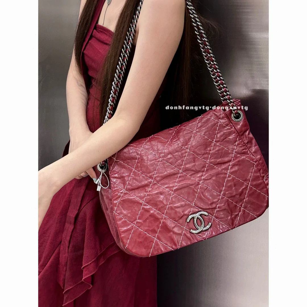 95新 Chanel/香奈儿 chanel 酒红色外缝线托特单肩包K