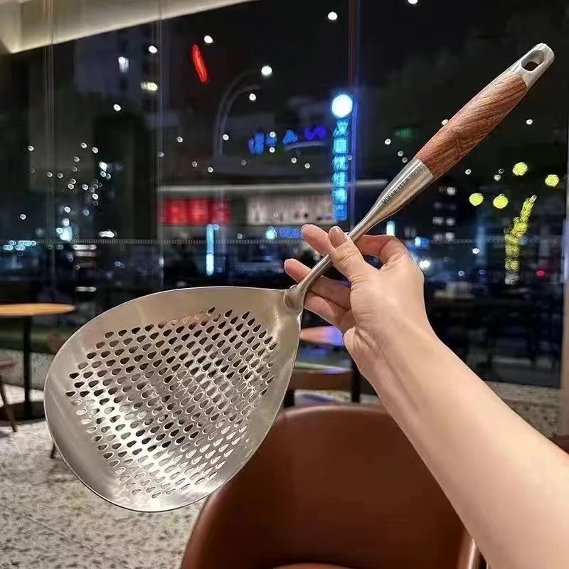 【宽度12.8cm】不锈钢梨木手柄捞面勺子捞饺子家用加宽漏勺