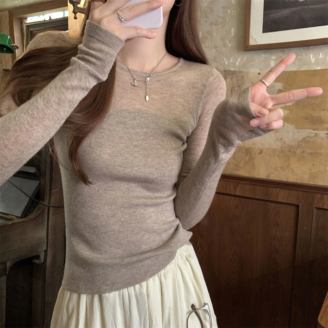 辣妹纯欲洋气内搭打底衫2025春秋小心机半透视拼接长袖针织上衣女