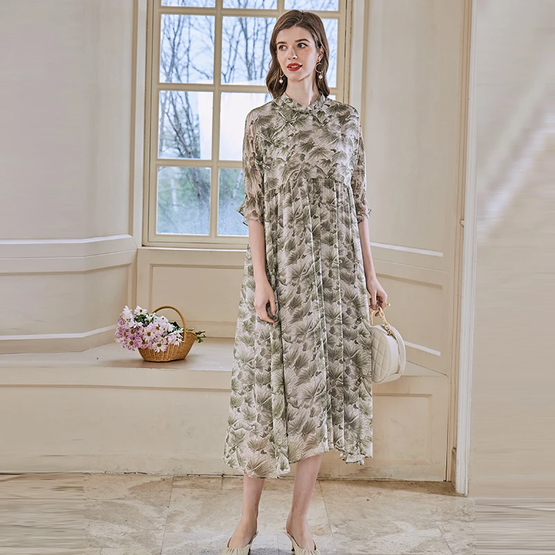 【墨枝】国风盘扣印花桑蚕丝连衣裙D9008977