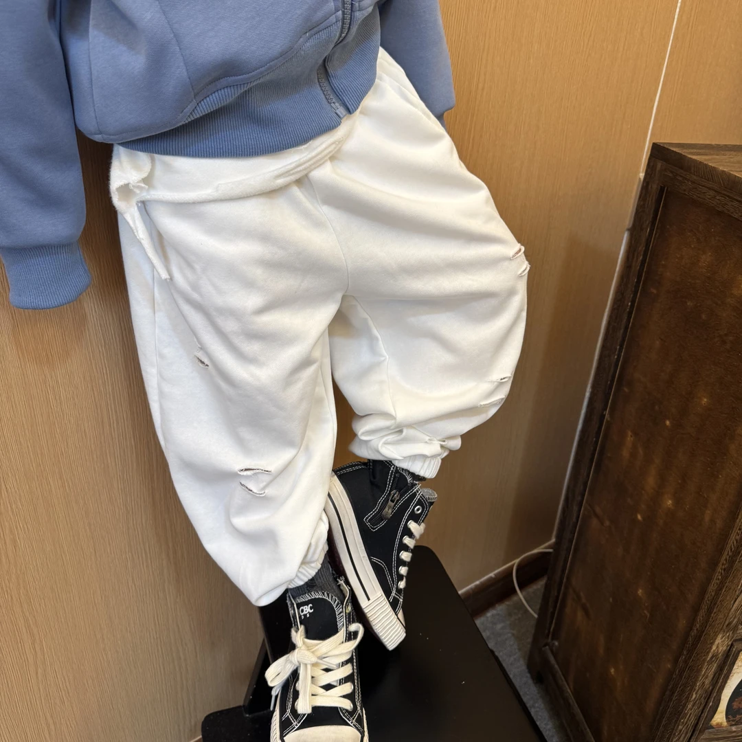 现    令佳童装春秋白色休闲韩版破洞束脚裤2522
