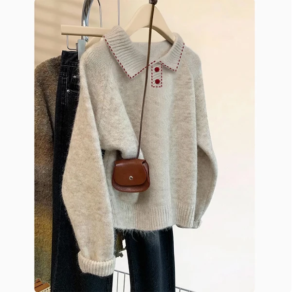 Polo领长袖套头毛针织衫女2025年秋冬慵懒风气质感毛衣软糯上衣