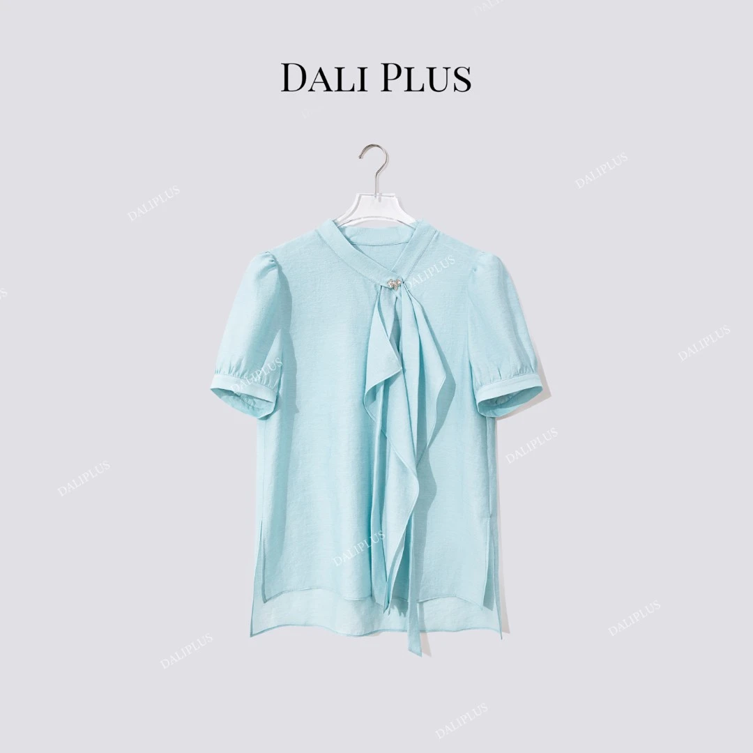 DALI PLUS“松石色天空蓝衬衫”天丝荷叶边飘带短袖衬衫-D5ST1254