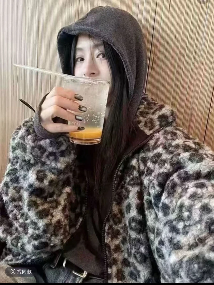 A50-A100韩版慵懒风厚款豹纹短外套毛绒外套宽松开衫