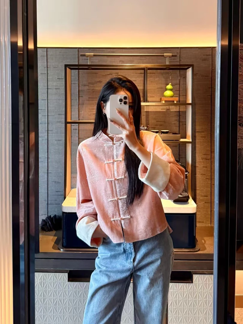 玛薇丝【烫金花】真丝丝绒烫金色牡丹新中式外套