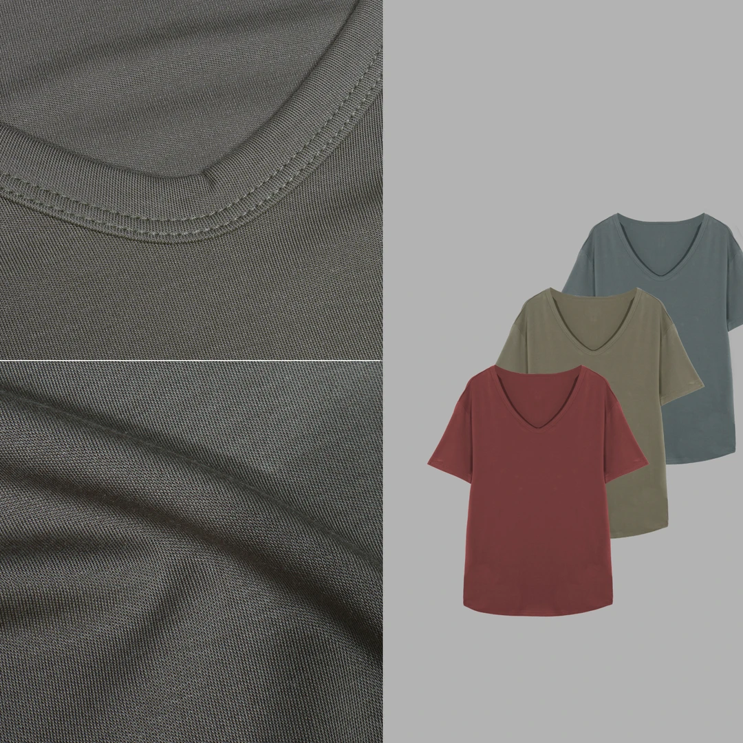 凯特丝蓓1844#设计师款深V纯色套头冰感打底内搭短袖T恤上衣