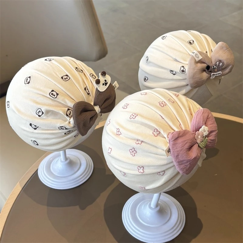 新生儿秋冬蝴蝶结套头帽0-6月婴幼儿护囟门胎帽包头帽磨毛印度帽