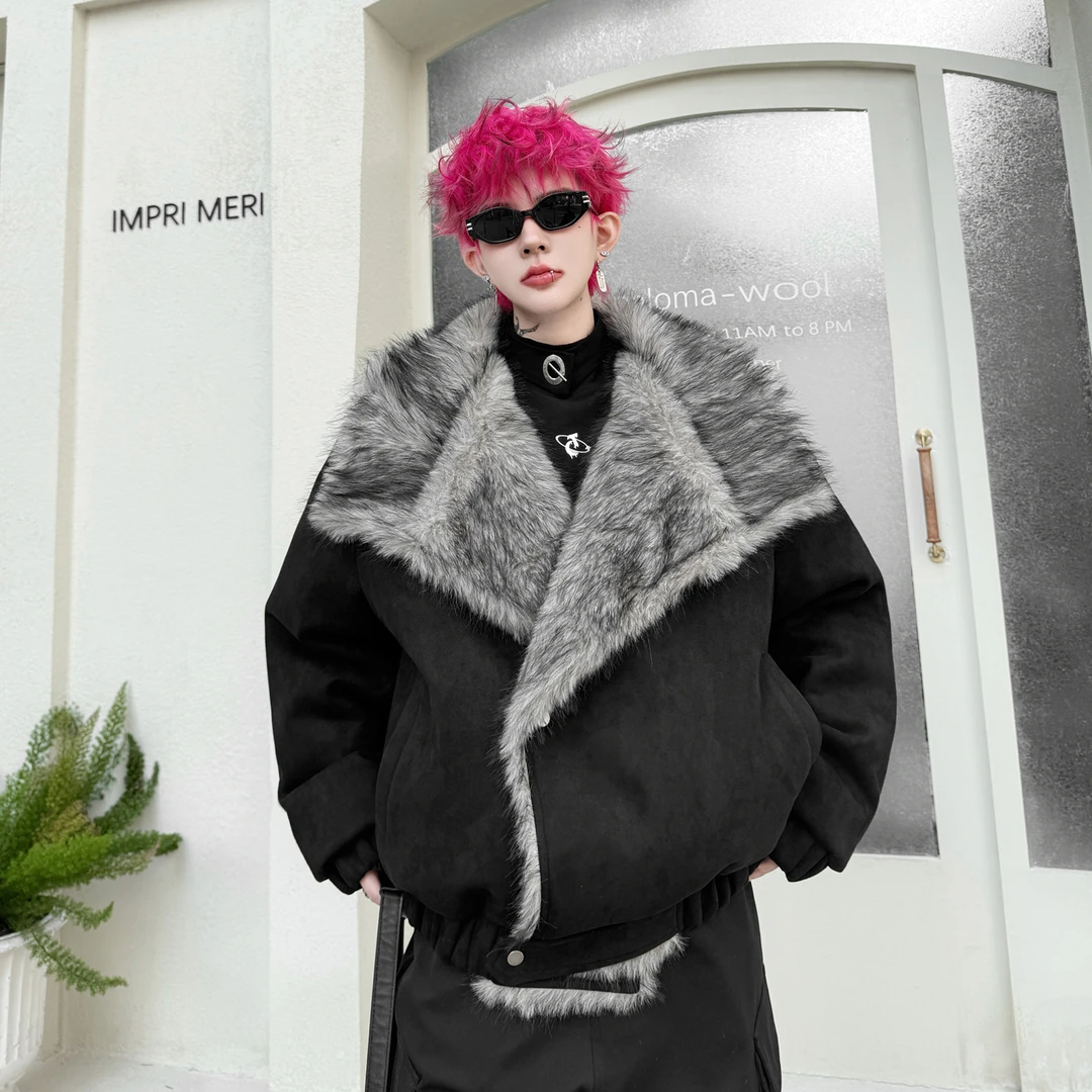 2025冬款美式大翻领皮毛一体棉衣男加厚加绒保暖斜门襟短款棉服潮