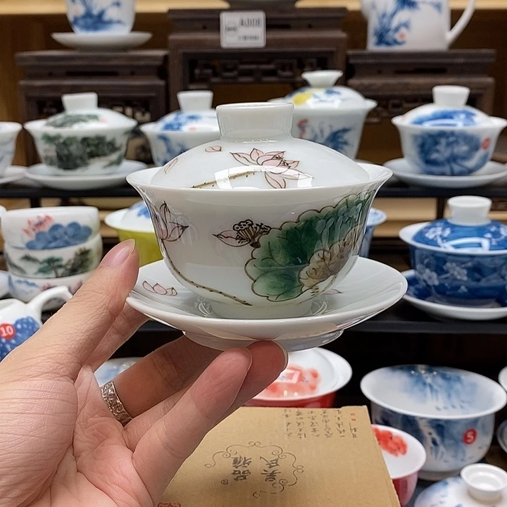 手绘国色芳华荷花盖碗150cc釉下彩微瑕福利款