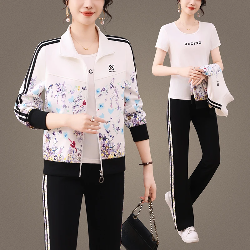 洋气运动套装女2025新款春秋季印花立领时尚妈妈宽松休闲服三件套