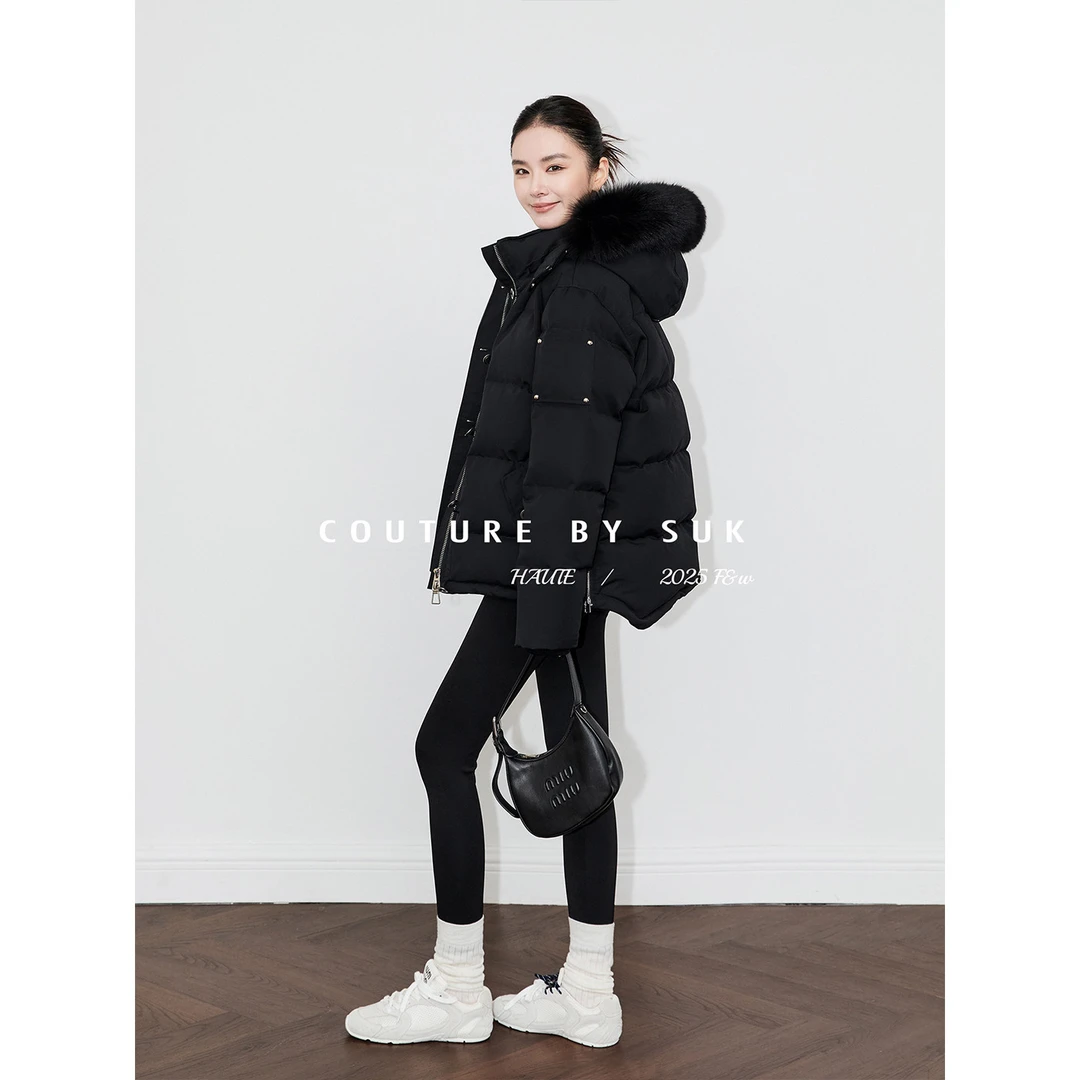 SUK【心动符号】2025新款90白鹅绒大毛领连帽羽绒服防风保暖5838