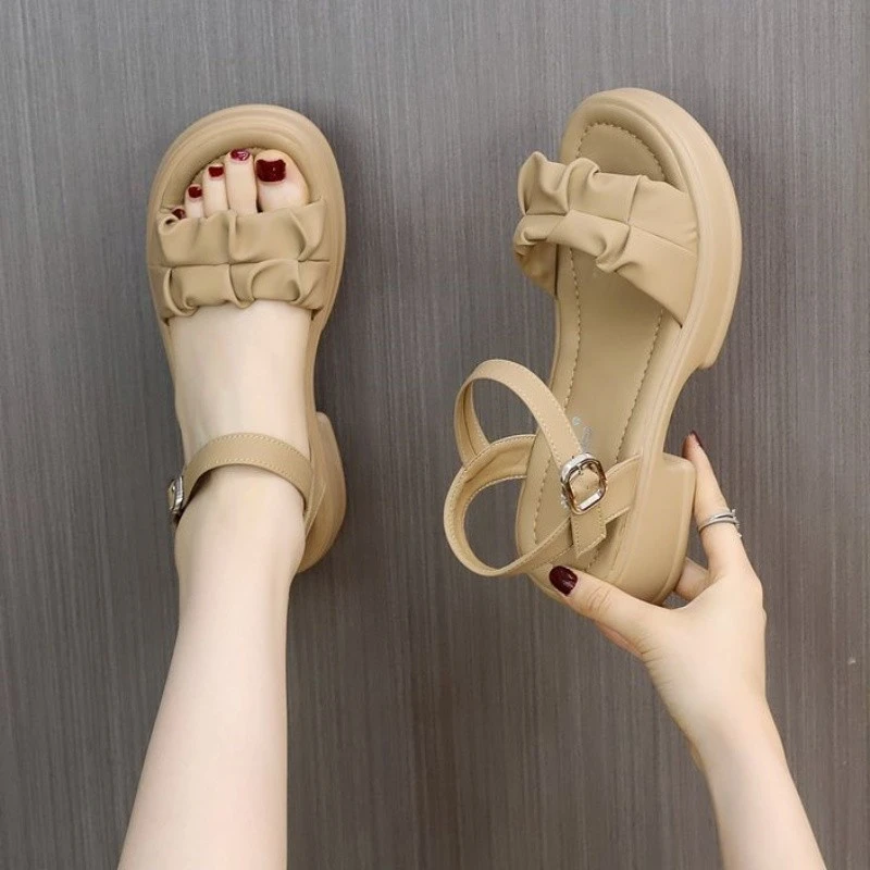 法式2025年夏季女士时尚凉鞋厚底松糕百搭一字带女粗跟海边沙滩鞋