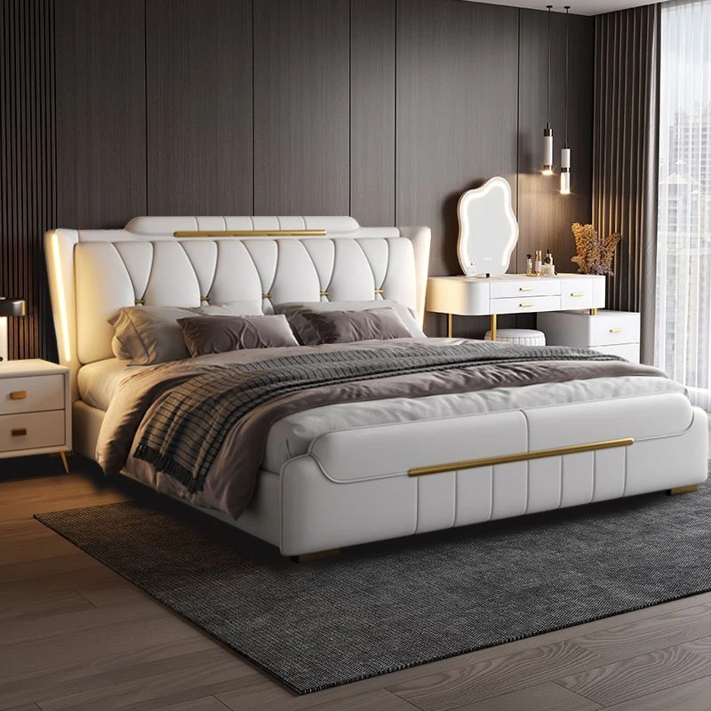 意式轻奢真皮床现代简约双人床主卧大床1.8米婚床极简皮床