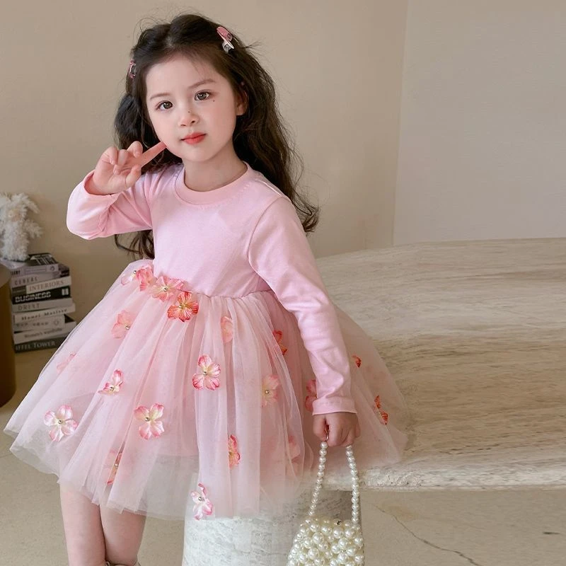女童连衣裙2025新款宝宝长袖花朵公主裙时髦儿童生日网纱礼服裙子