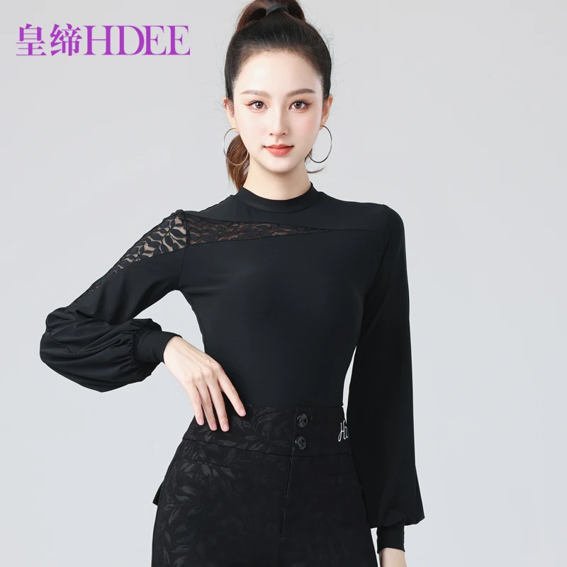 摩登舞上衣新款套头修身型拼接打底衫蕾丝半高领上衣内搭气质