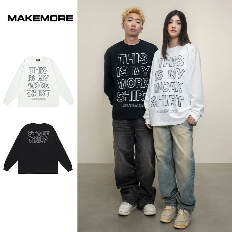 Makemore{闪耀WORK}新款长袖T恤高级纯棉烫钻美式宽松情侣上衣潮