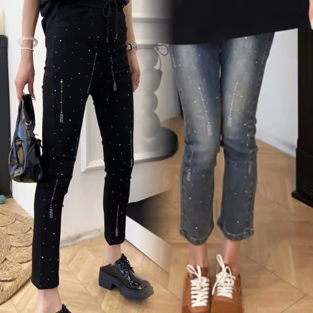 大码春秋九分烟管裤烫钻高弹铅笔裤女修身显瘦深色小脚牛仔裤轻奢