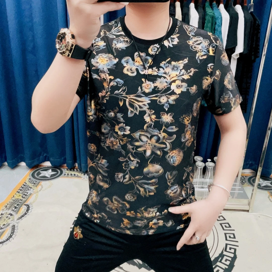 江南婷姐优选欧货-男士花纹休闲时尚春夏个性套头圆领欧美螺纹T恤