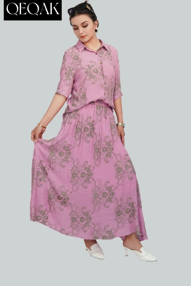 QEQAK套装长款修身女装连衣裙提花复古盘扣女士