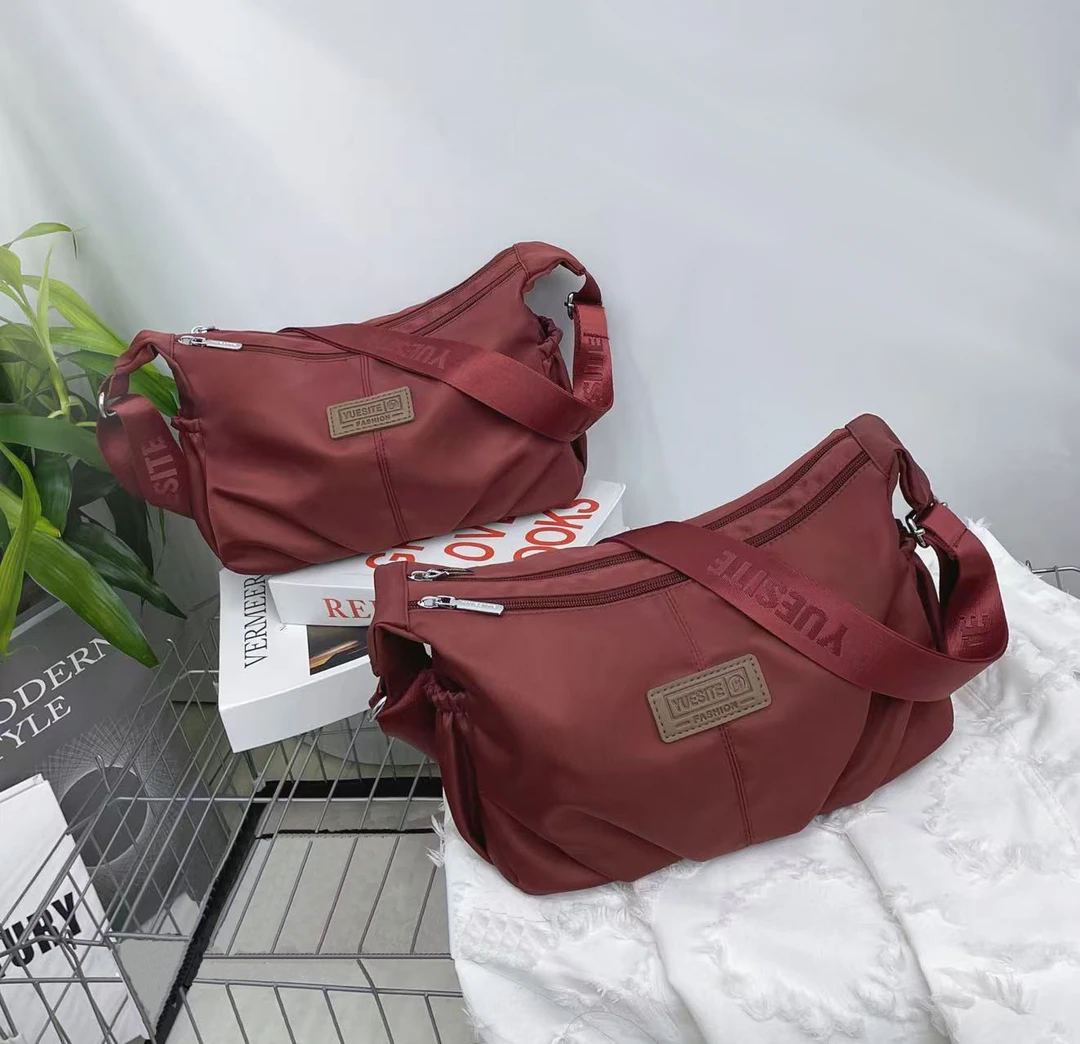 简约布包拉链暗袋单肩女款可折叠斜挎包休闲运动大小号尼龙布包