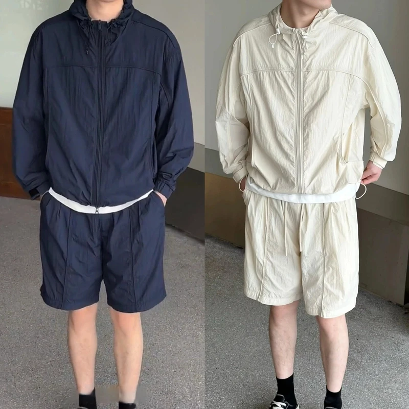夏季新款潮牌休闲速干防晒套装宽松透气情侣款连帽外套短裤两件套