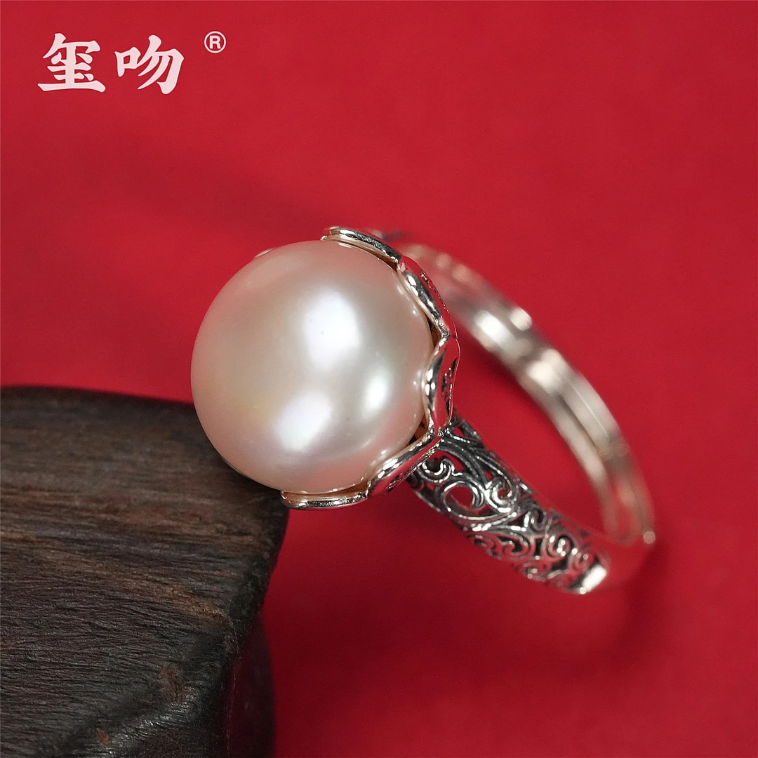 【玺吻】s925银 繁花似锦 天然淡水珍珠卷草纹戒指(活口可调节)
