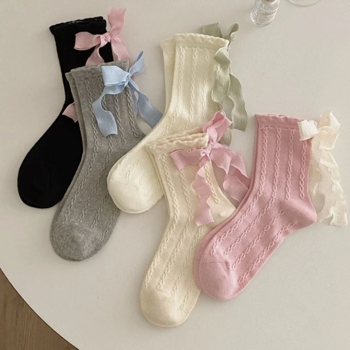 蝴蝶结中筒袜子女薄款镂空透气日系芭蕾风韩系少女jk花边袜子女生