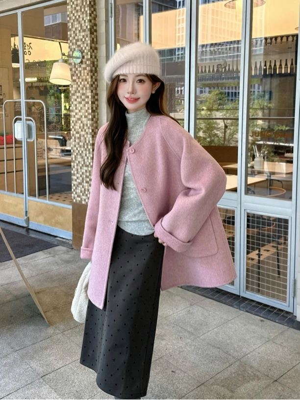 中长款时尚百搭气质休闲甜美拼接圆领带帽子羊毛外套女 12款