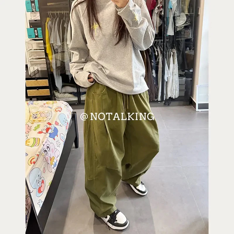 No talking早秋新款军绿色工装直筒裤男款重磅长裤男生弯刀裤子