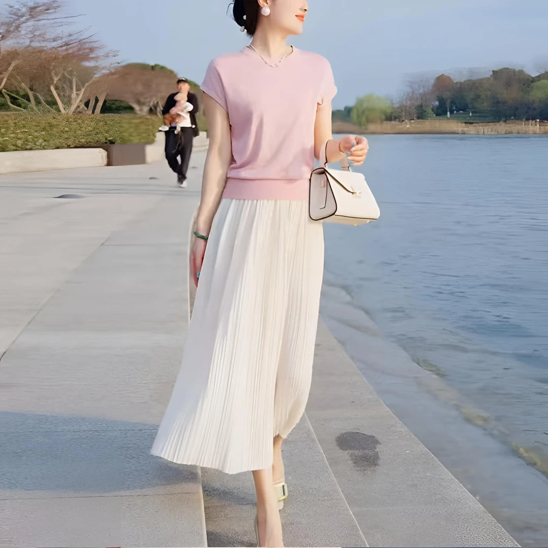 夏季薄款洋气减龄针织衫女冰丝短袖T恤高腰垂感百褶裙半身裙气质