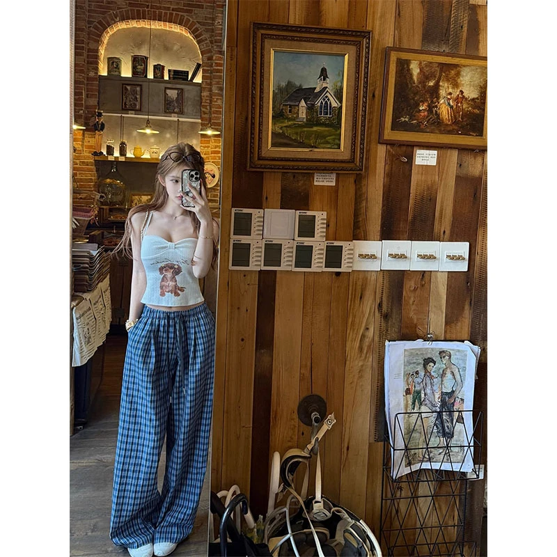 辣妹纯欲休闲百搭时尚设计感挂脖印花小狗吊带背心高腰格子阔腿裤