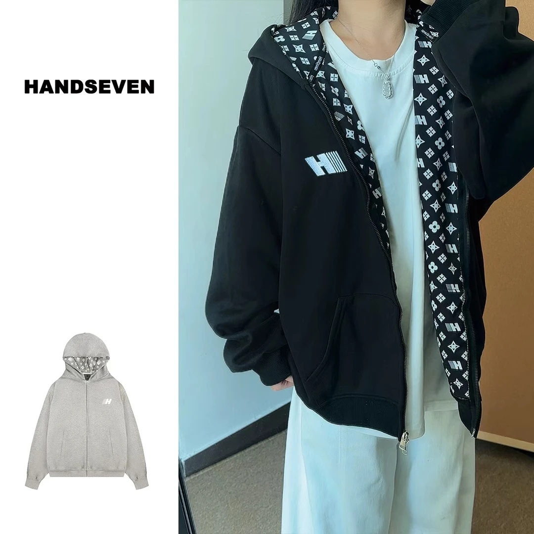 HandSeven美式字母刺绣开衫连帽重磅卫衣秋冬款男女外套宽松上衣