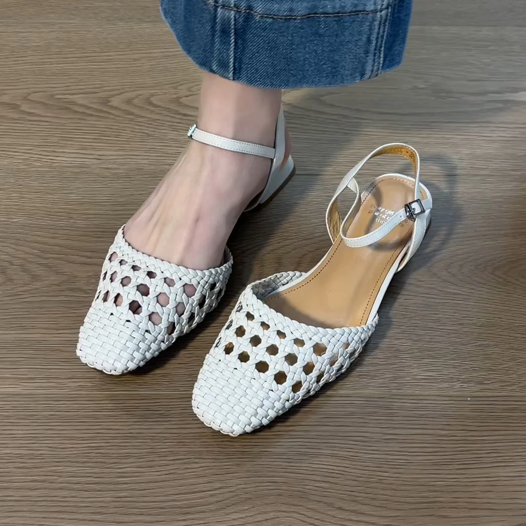 凉鞋女款手工编织仙女风搭配裙子夏季低跟方头气质洋气镂空凉鞋
