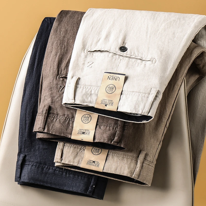 清爽透气100%纯亚麻夏季薄款柔软长裤男士宽松直筒麻料商务休闲裤