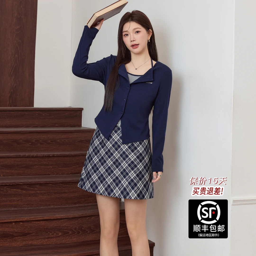 蓝语xj女装美式减龄假两件上衣显瘦格纹半身裙2025秋套装00641