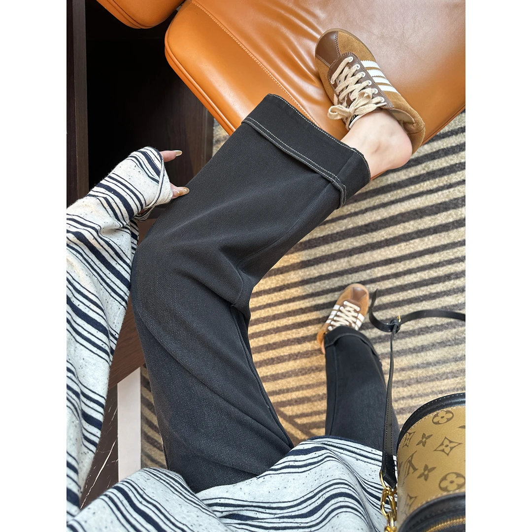 铆钉翻边九分直筒裤2025秋季新款梨形身材显瘦高腰窄版弹力烟管裤