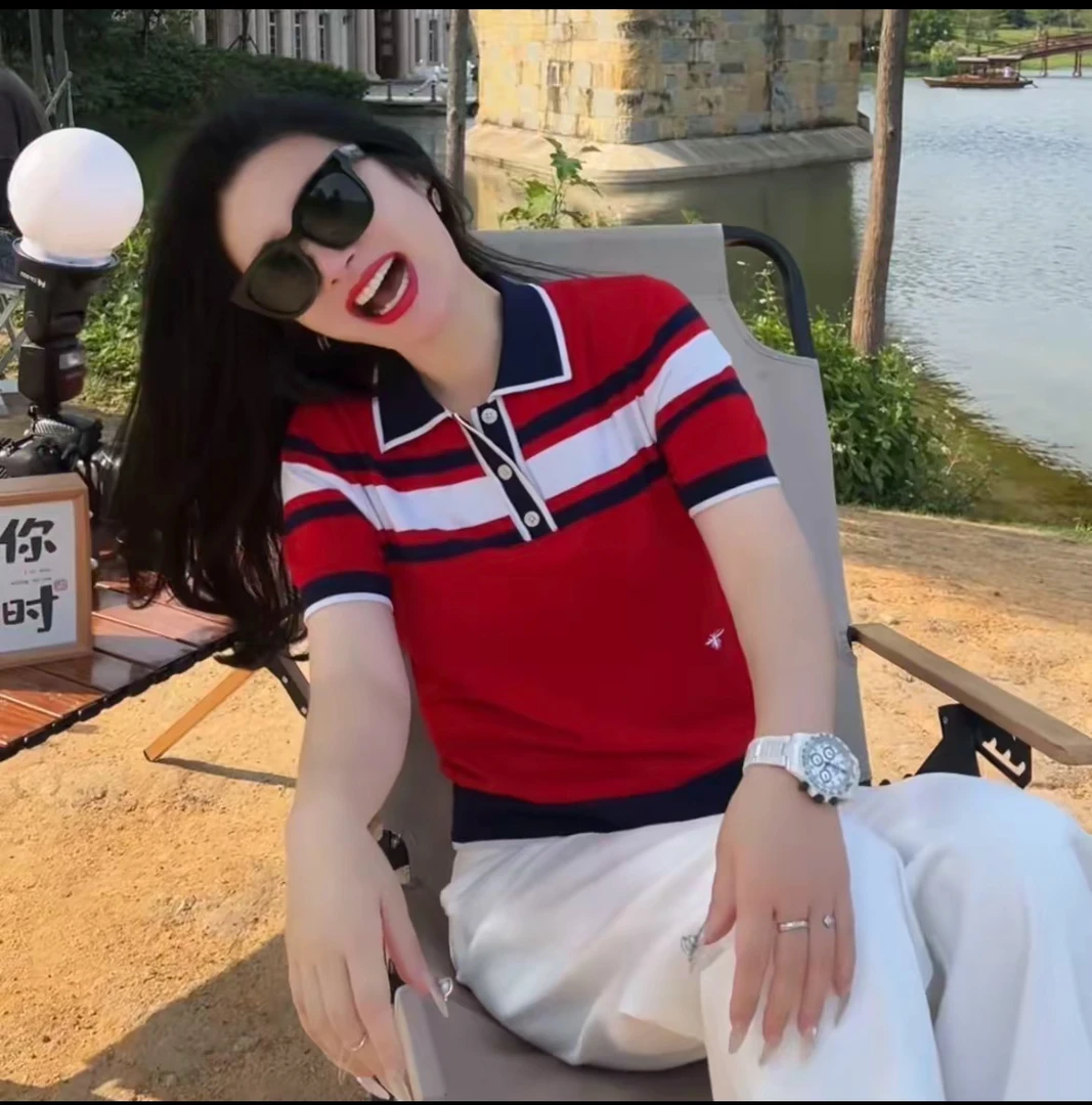 深圳南油红色夏季拼色经典撞色舒适潮流上衣女