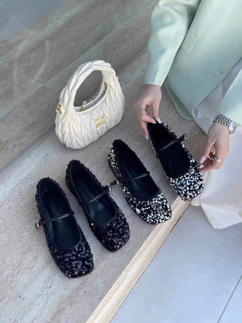 727-2亮片玛丽珍单鞋2025新款圆头浅口粗跟一字扣带单鞋