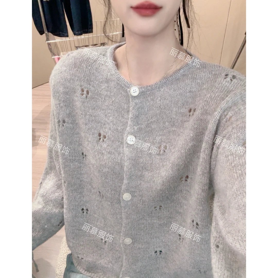 【袖口抽绳开衫】抽绳系带镂空四叶草针织马海开衫早春薄款上衣1522