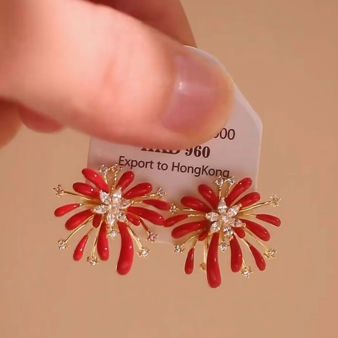 合金耳饰 红色闪钻烟花耳钉女2026新款爆款小巧精致气质耳环适合