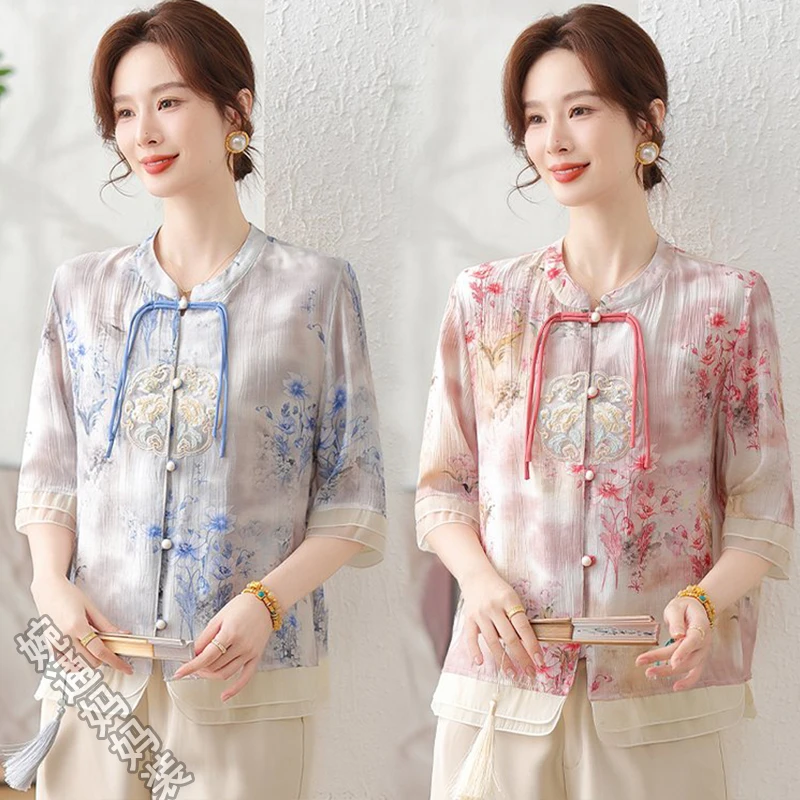 新中式妈妈装夏季衬衣开衫气质显瘦衬衫中老年女装T恤上衣两件套