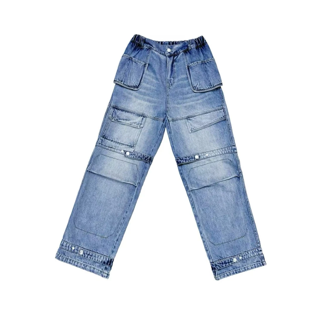 [MQ]蓝色水洗口袋设计款下脚扣子直筒时尚休闲工装牛仔裤（春日满）