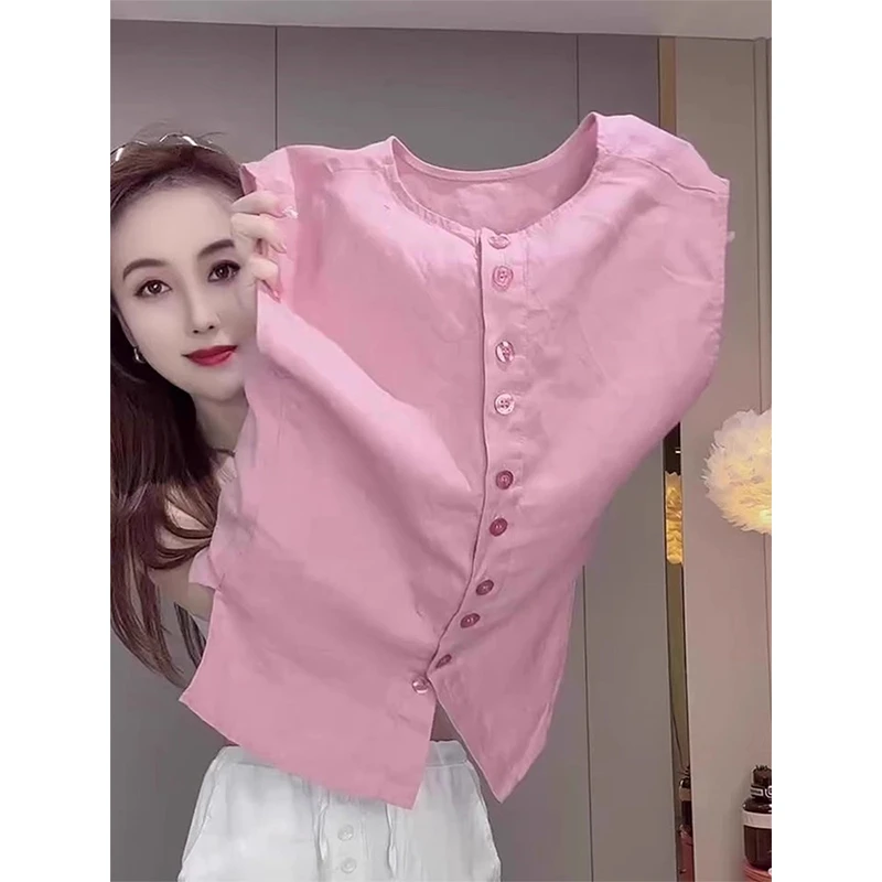 粉色亚麻圆领无袖T恤女2025新款夏季苎麻高端独特漂亮减龄款上衣