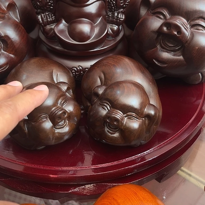 木紫檀黑檀木福猪一对摆件