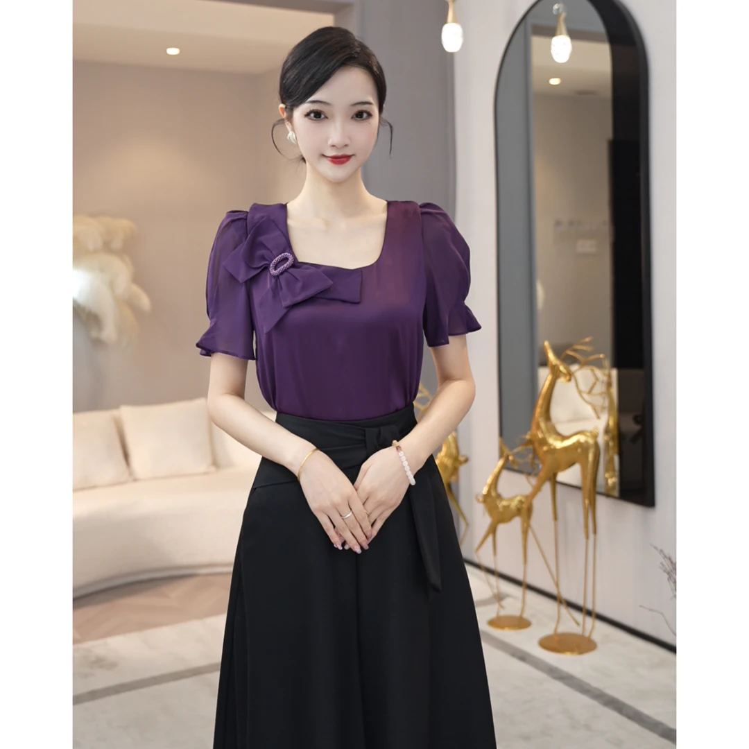 现货2026夏季新款【LT24-X302】气质法式潮流紫色时尚短袖衬衫上