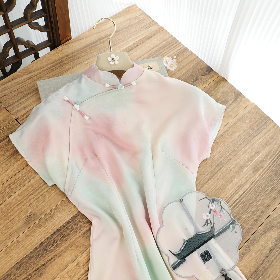 俏娘鱼2025夏季新款粉色素雅淑女范新中式短袖旗袍女改良日常可穿